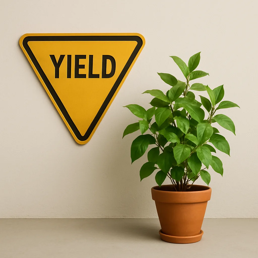 Yield Sign in Gold and a Potted Plant