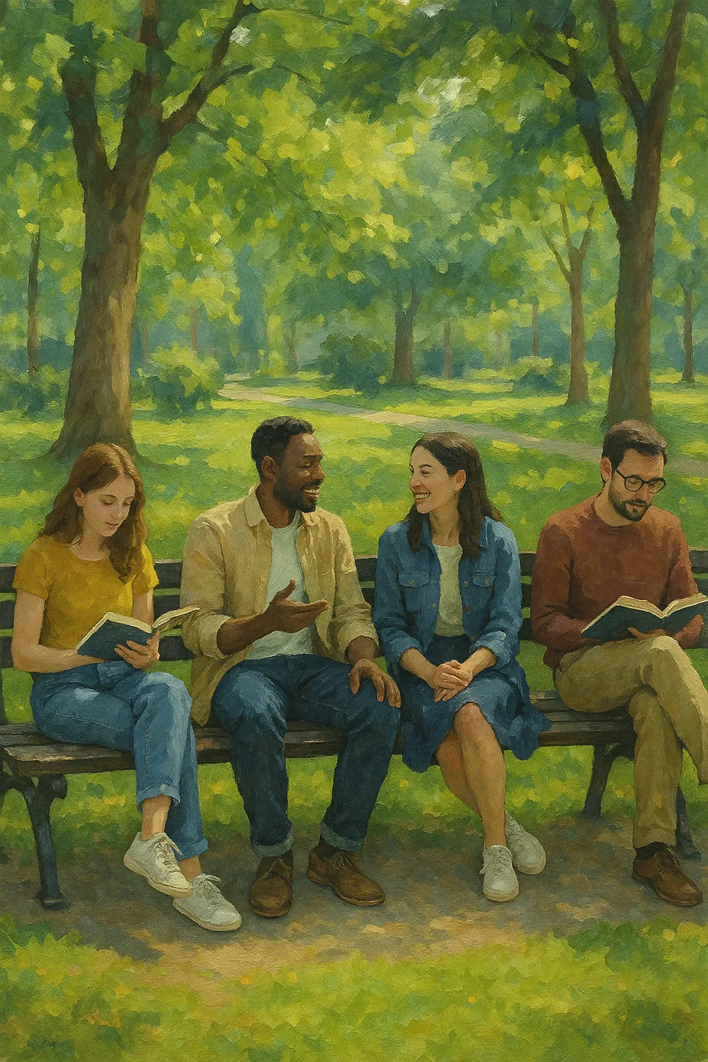 Group of People Sitting on Park Benches Engaged in Various