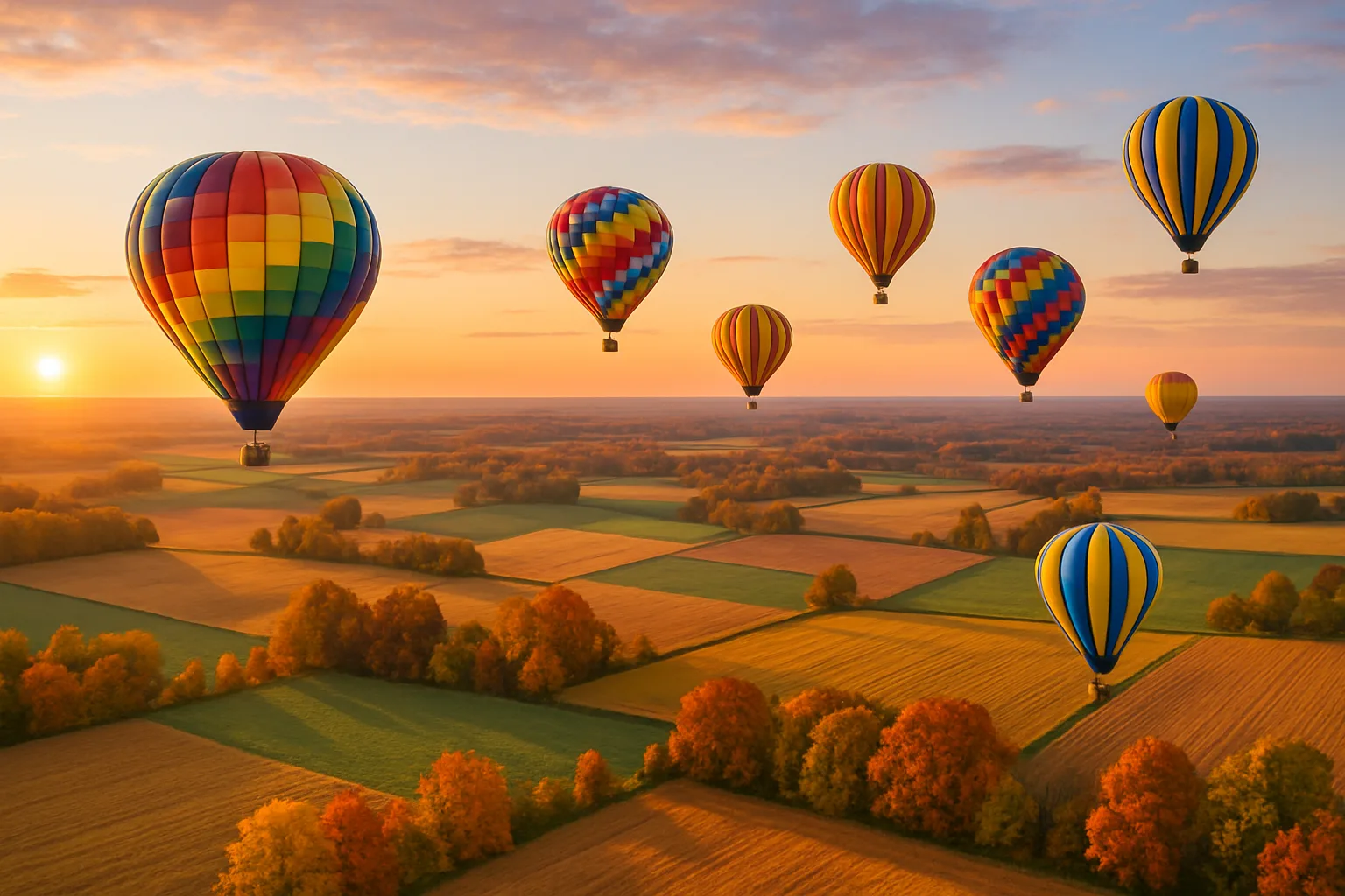 Handful of Brightly Colored Hot Air Balloons Drift Serenely