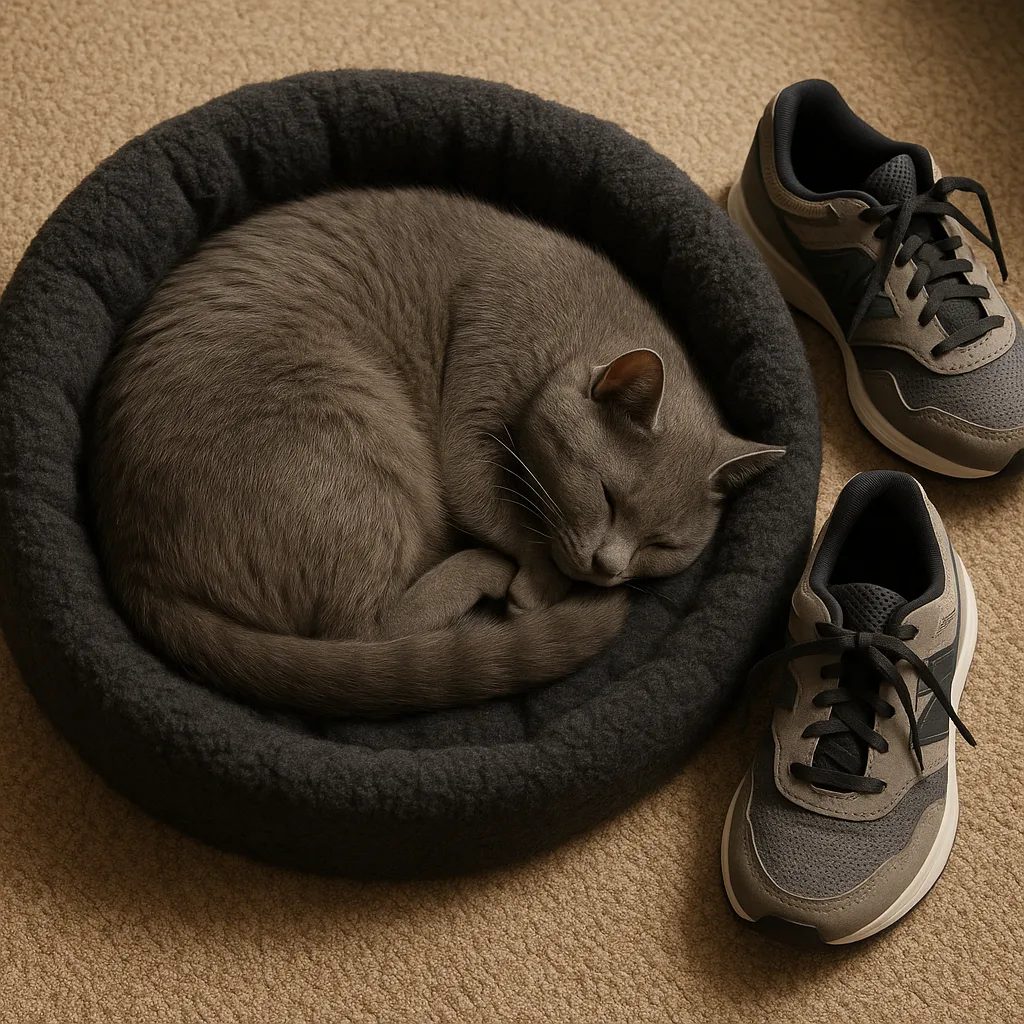Gray Cat Sleeping Curled Up in a Dark Pet