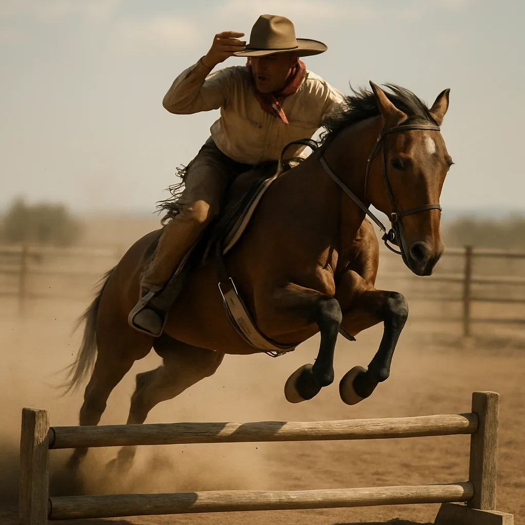 Cowboy Dressed in Traditional Attire Riding a Horse Jumps