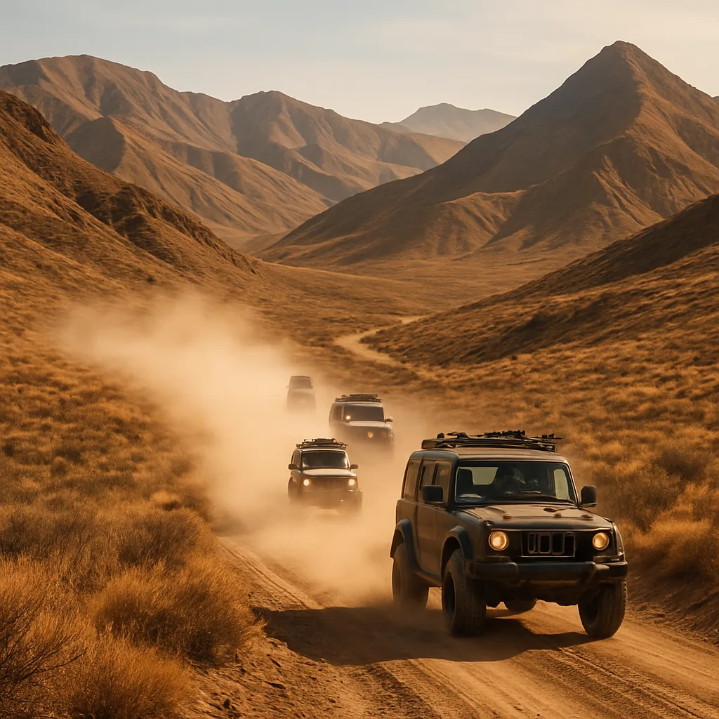 Small Convoy of Rugged Off-road Vehicles Kicks Up a Plume