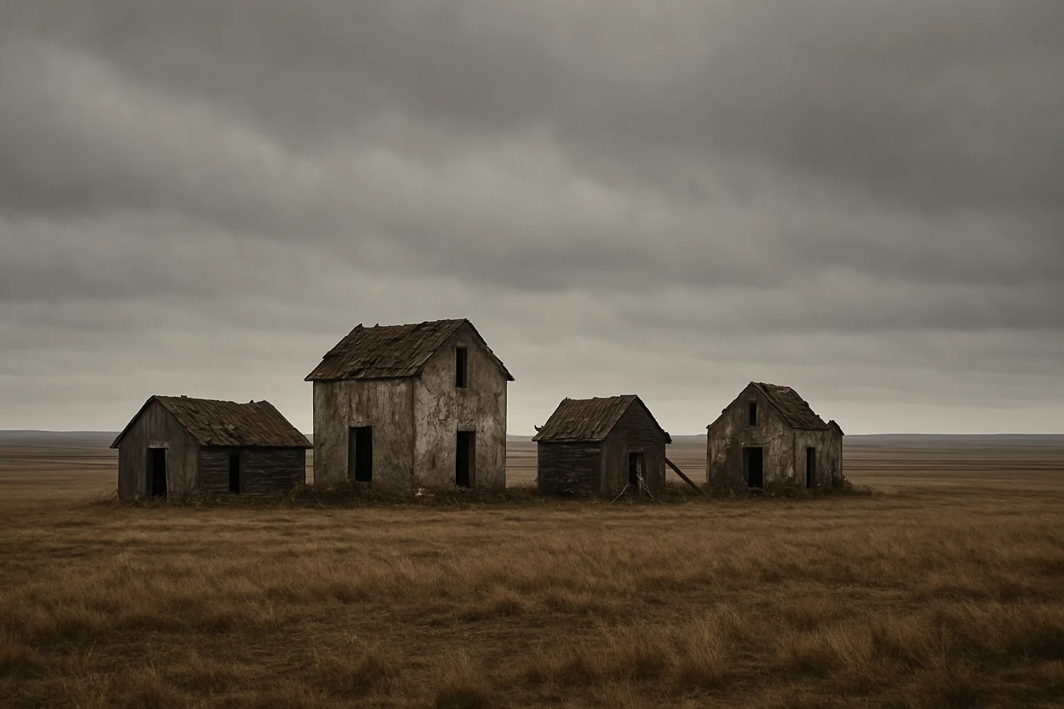 Few Dilapidated Structures Stand Isolated and Stark