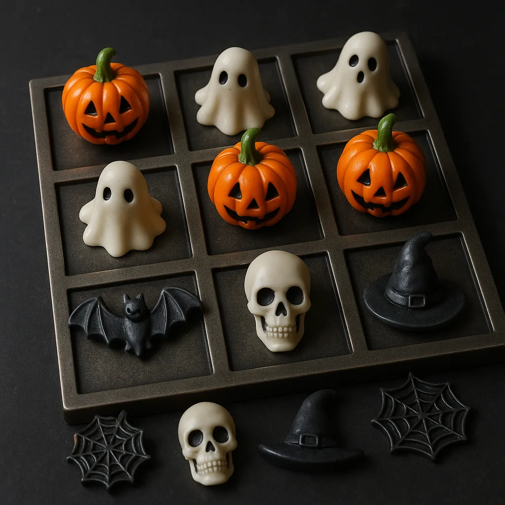 Halloween-themed Tic-Tac-Toe Game Featuring a Metallic Board