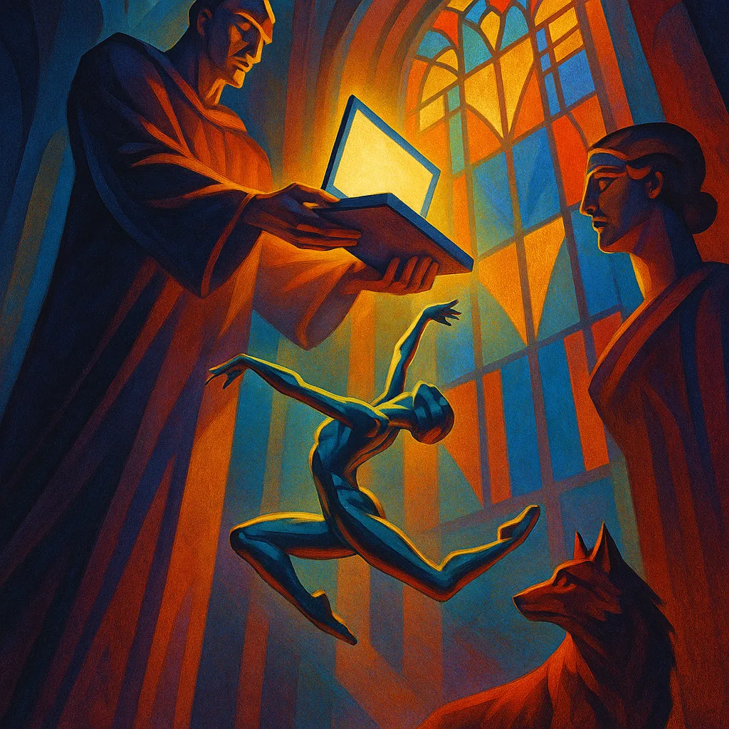 Towering Figure Offers a Glowing Computer to a Metallic-clad Dancer