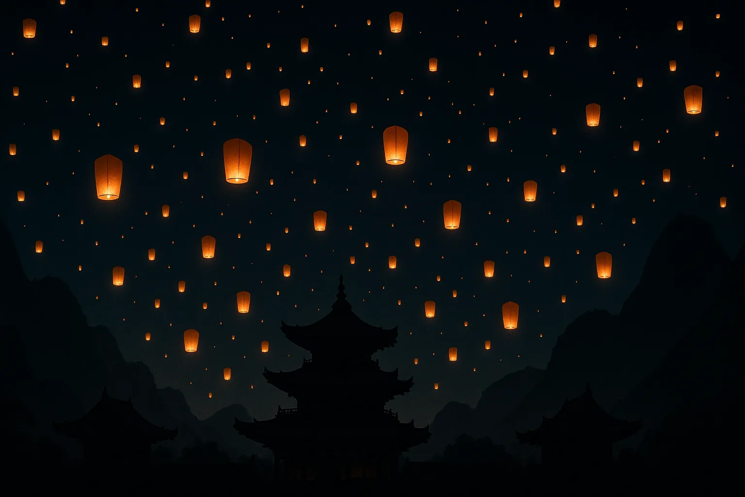 Myriad Glowing Lanterns Ascend into a Velvety Night Sky