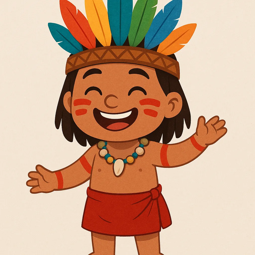 Cheerful Cartoon Representation of an Indigenous Person Wearing a Colorful