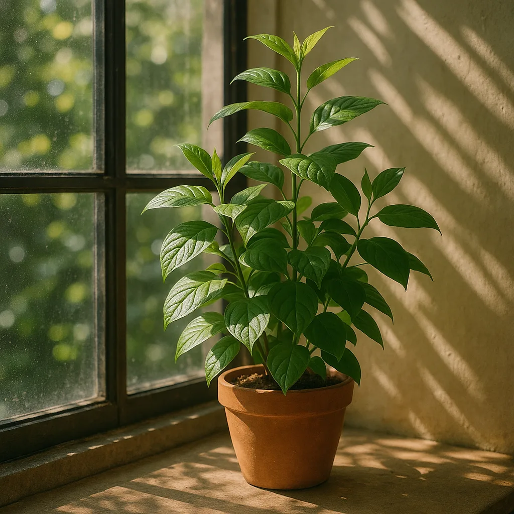 Healthy Potted Plant Enjoying Scattered Sunlight by a Window
