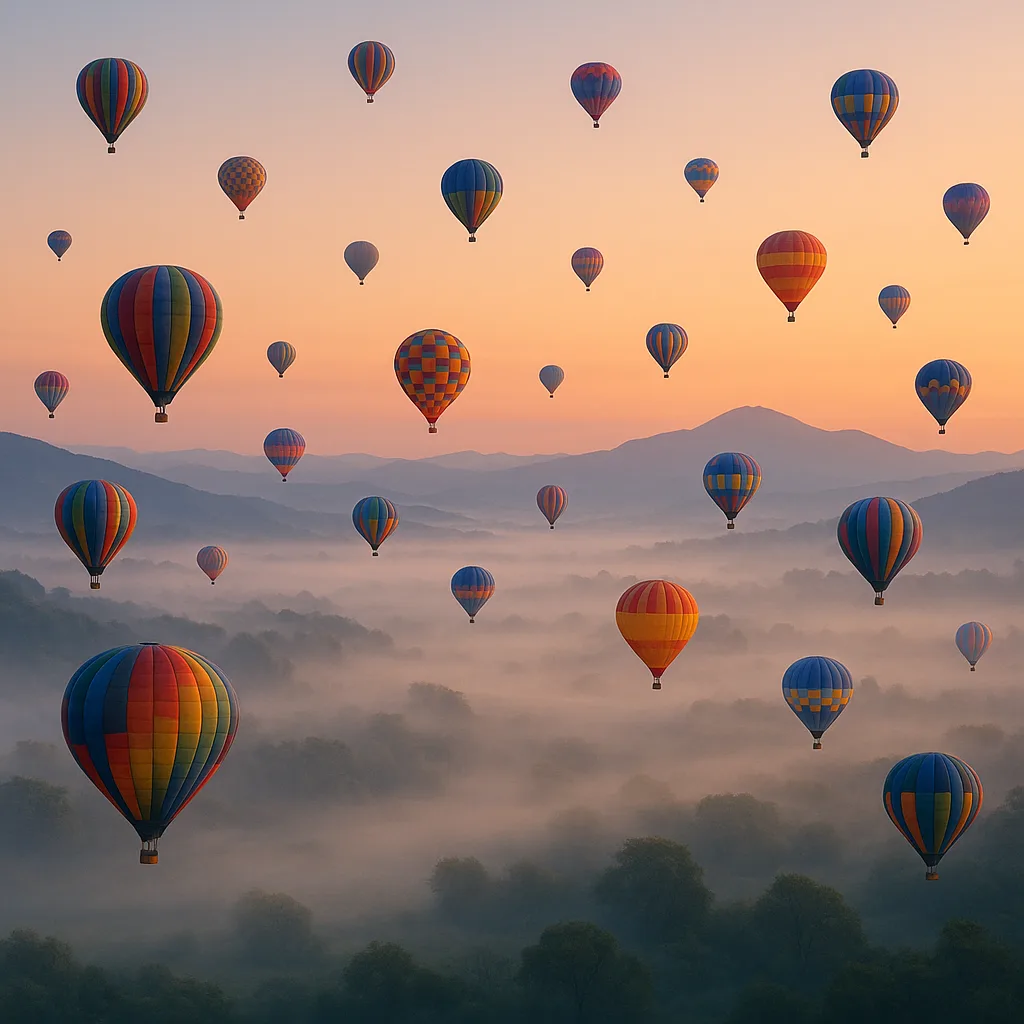 Numerous Colorful Hot Air Balloons Drift in Silent Procession