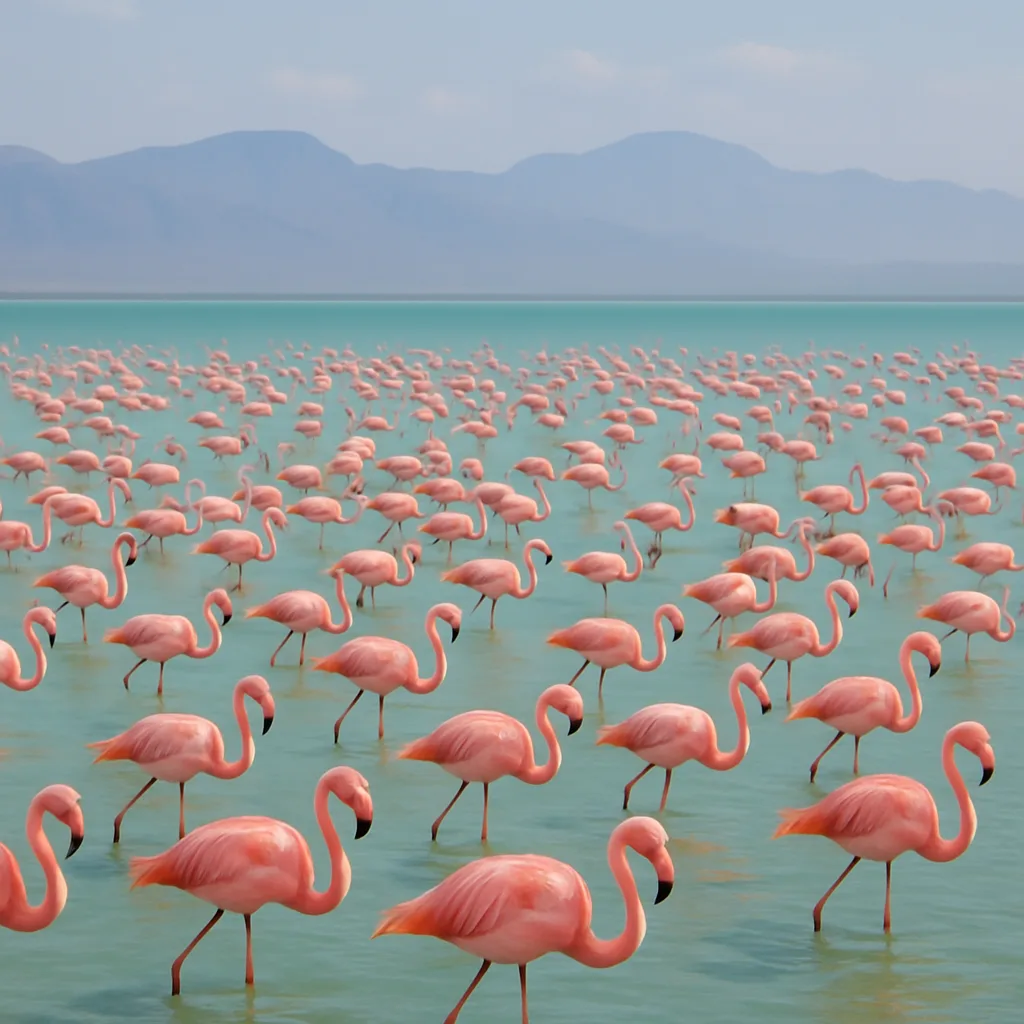 Vast Flock of Flamingos Wades Through a Shallow