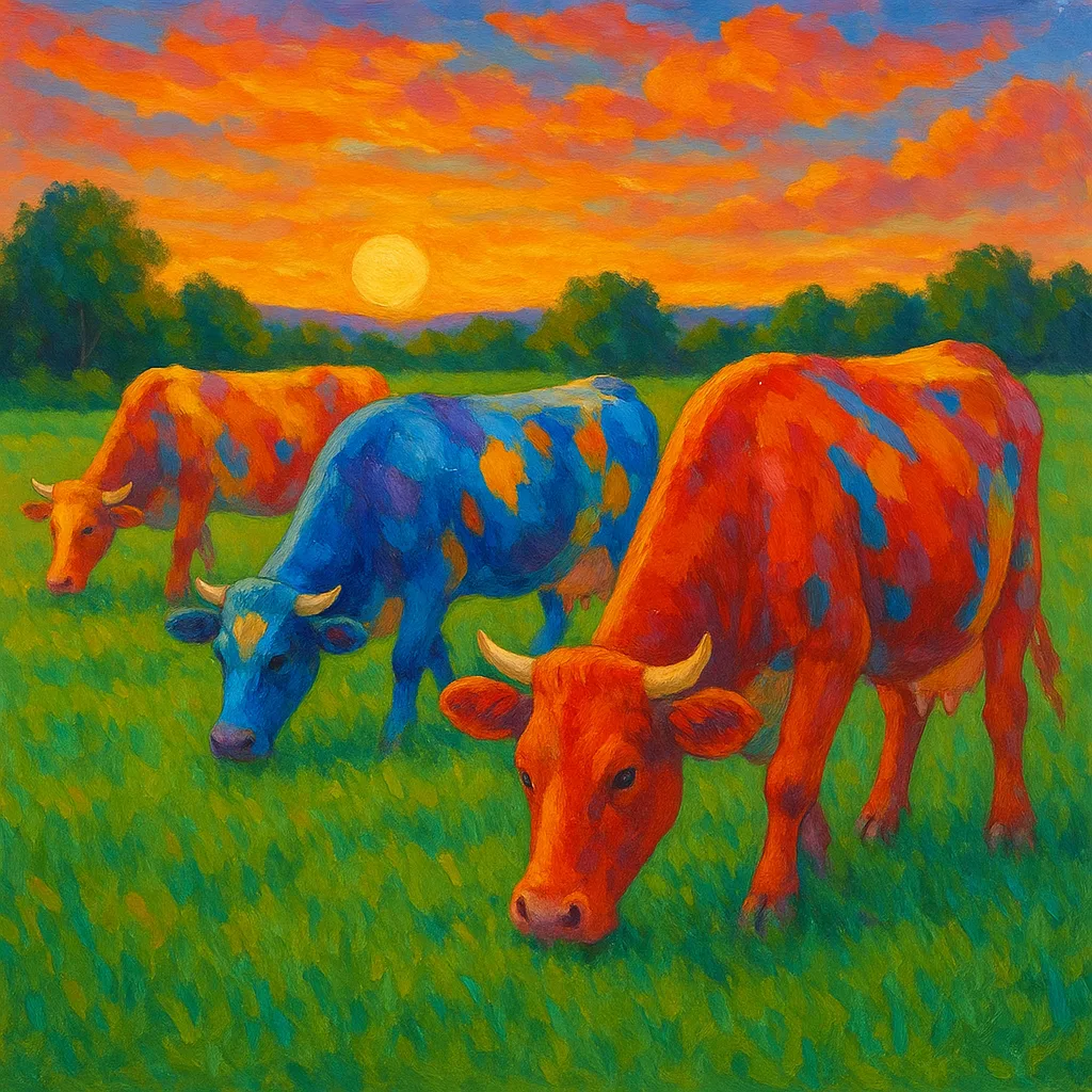 Three Brightly Colored Cows Feeding in a Lush Green Field