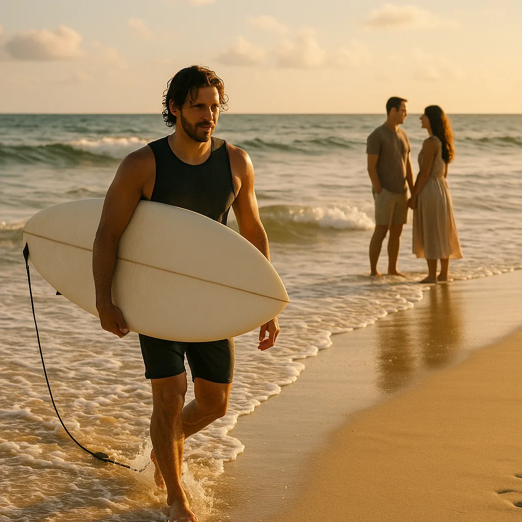 Man Carrying a Surfboard Walks Out of the Ocean