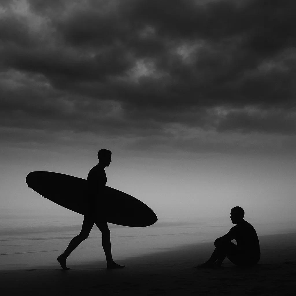 Silhouette of a Surfer Walking Along a Misty Beach