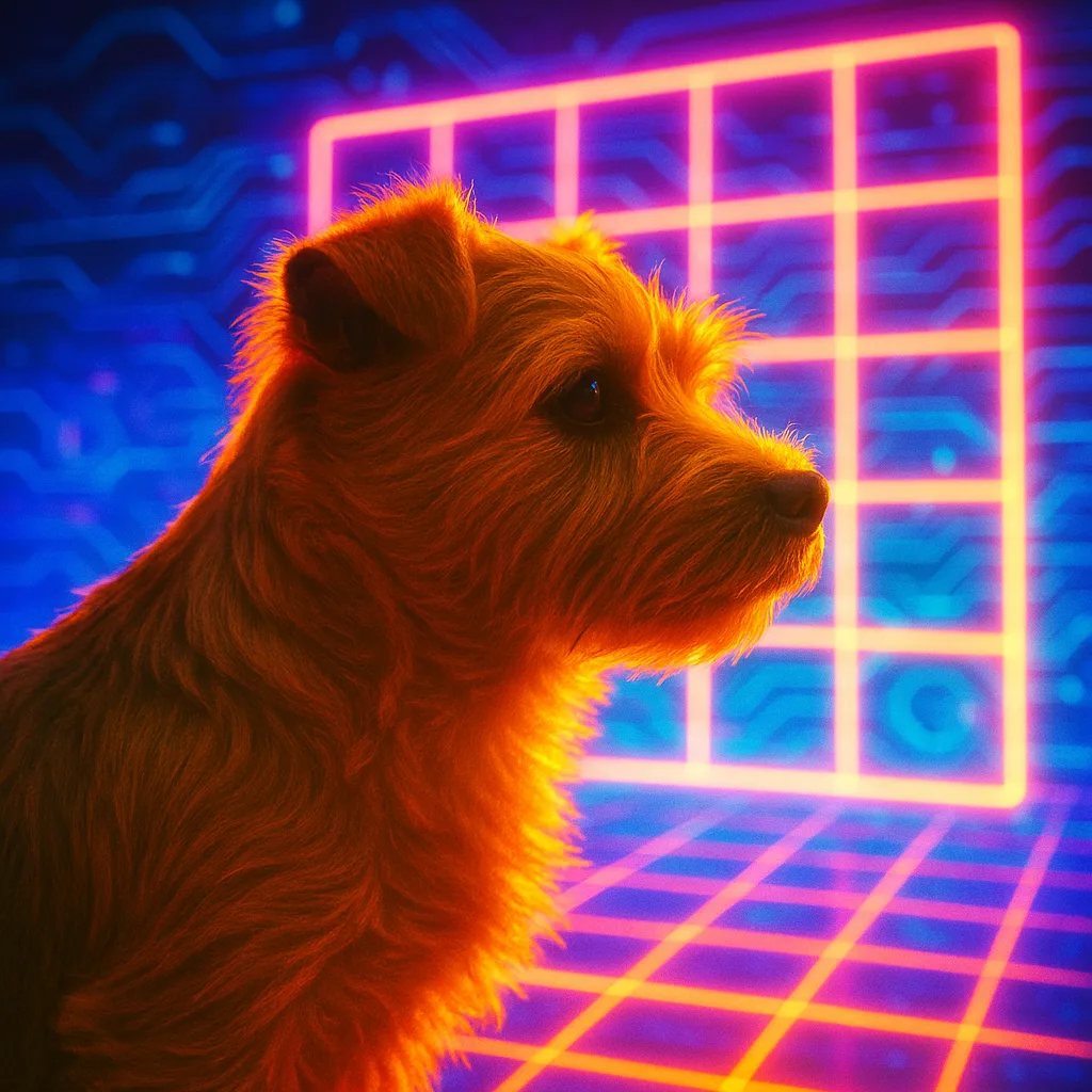 Warmly Rim-lit Norfolk Terrier Profiled Against a Glowing Neon Cyberspace
