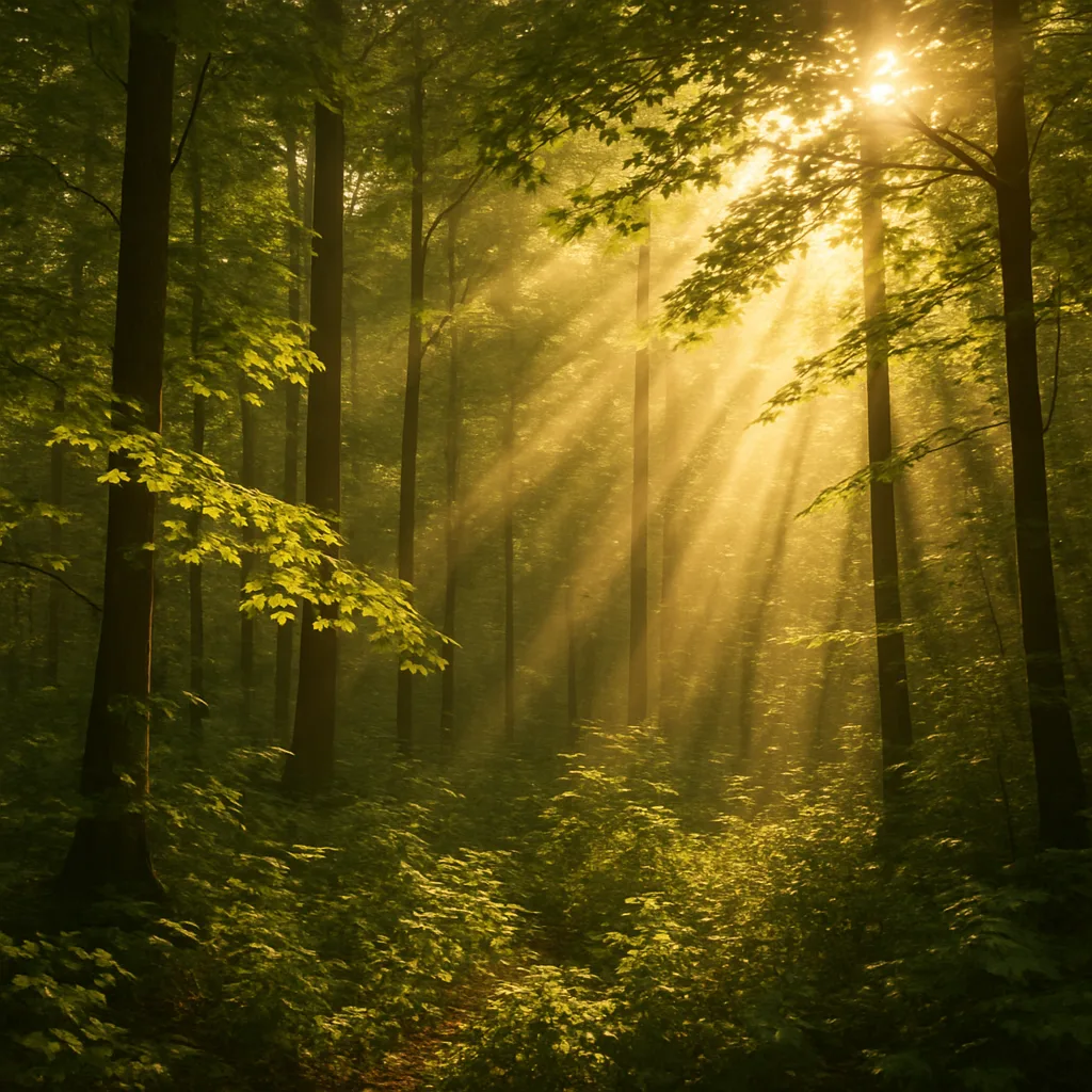 Rays of Golden Sunlight Penetrate the Thick Forest Canopy