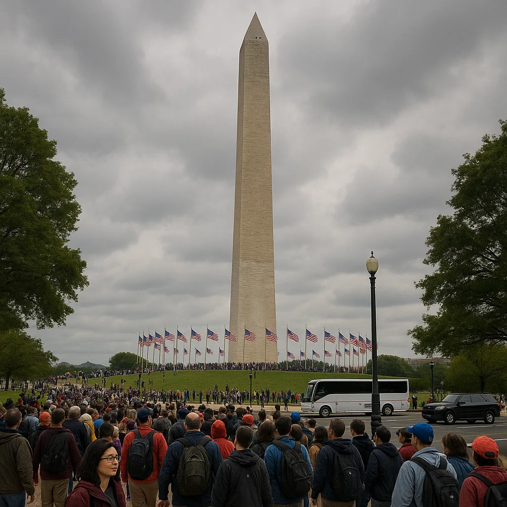 Bustling Crowd Gathers near the Washington Monument Surrounded by Flags