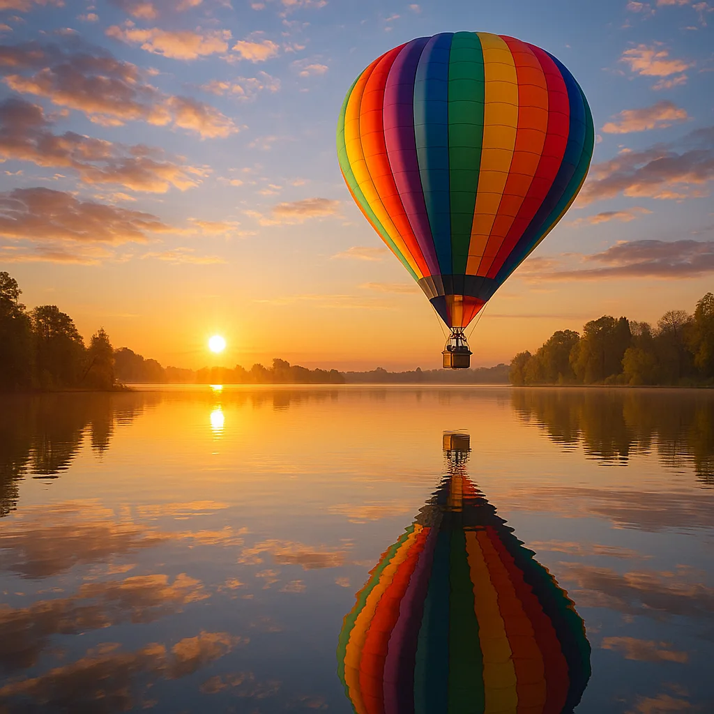 Colorful Hot Air Balloon Drifting Gently Above a Tranquil Lake