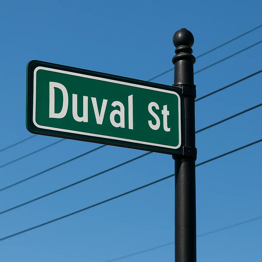 Street Sign Reading "Duval St" Mounted on a Black Pole