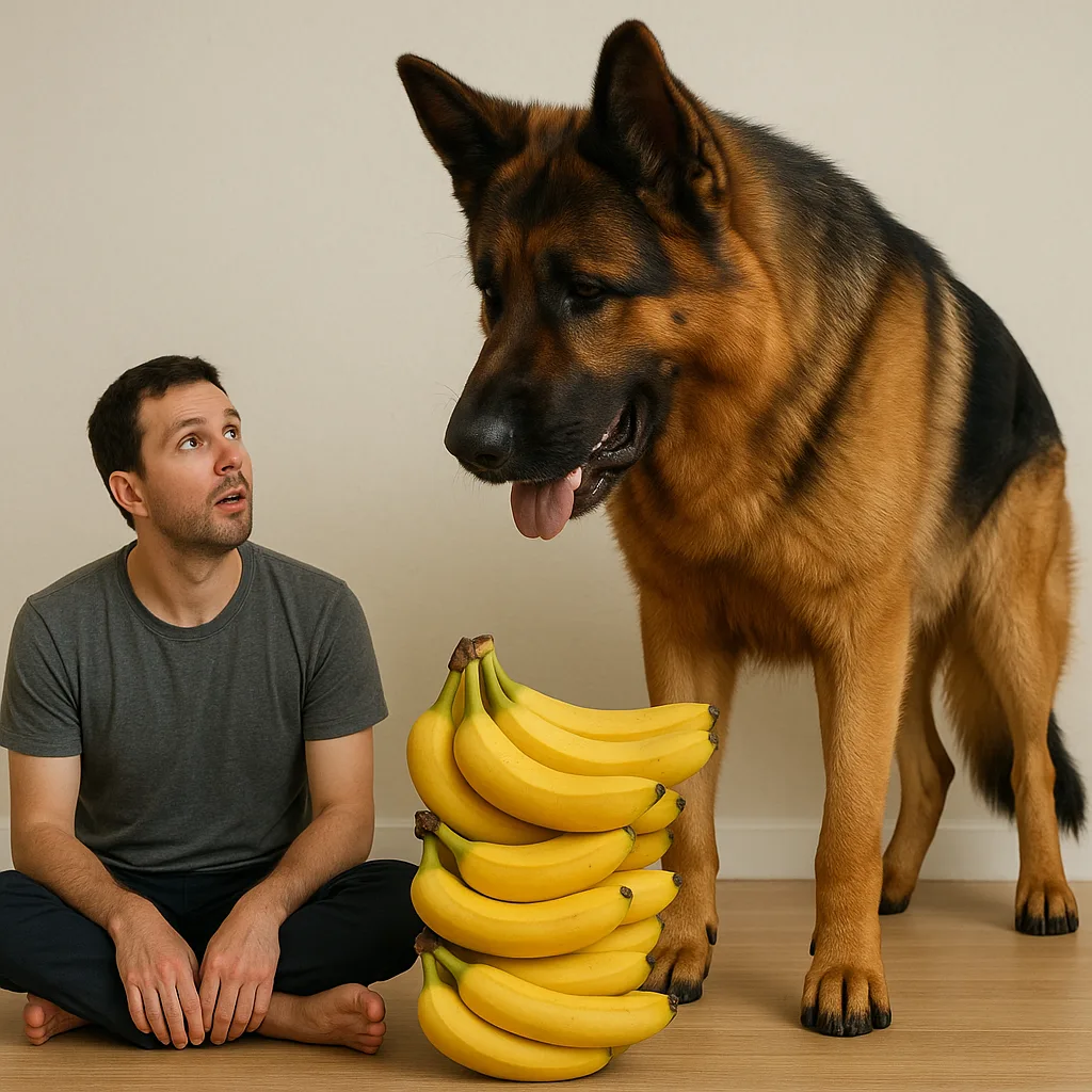 Person-sized Dog Looms over a Heap of Bananas