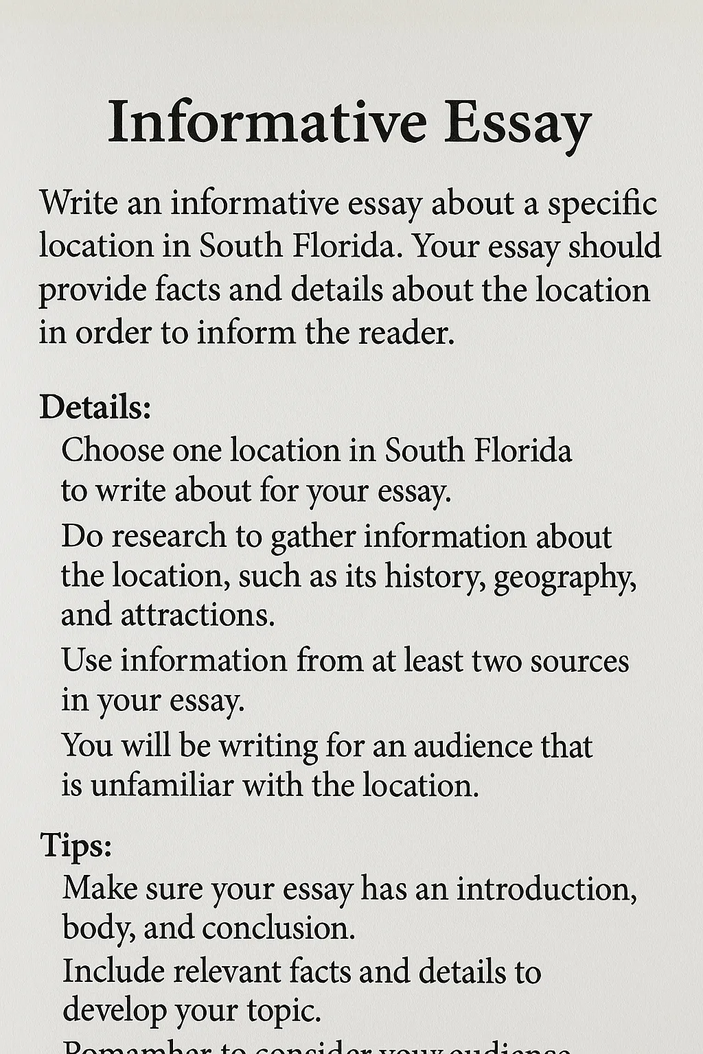 Assignment Sheet Detailing Instructions for Writing an Informative Essay About