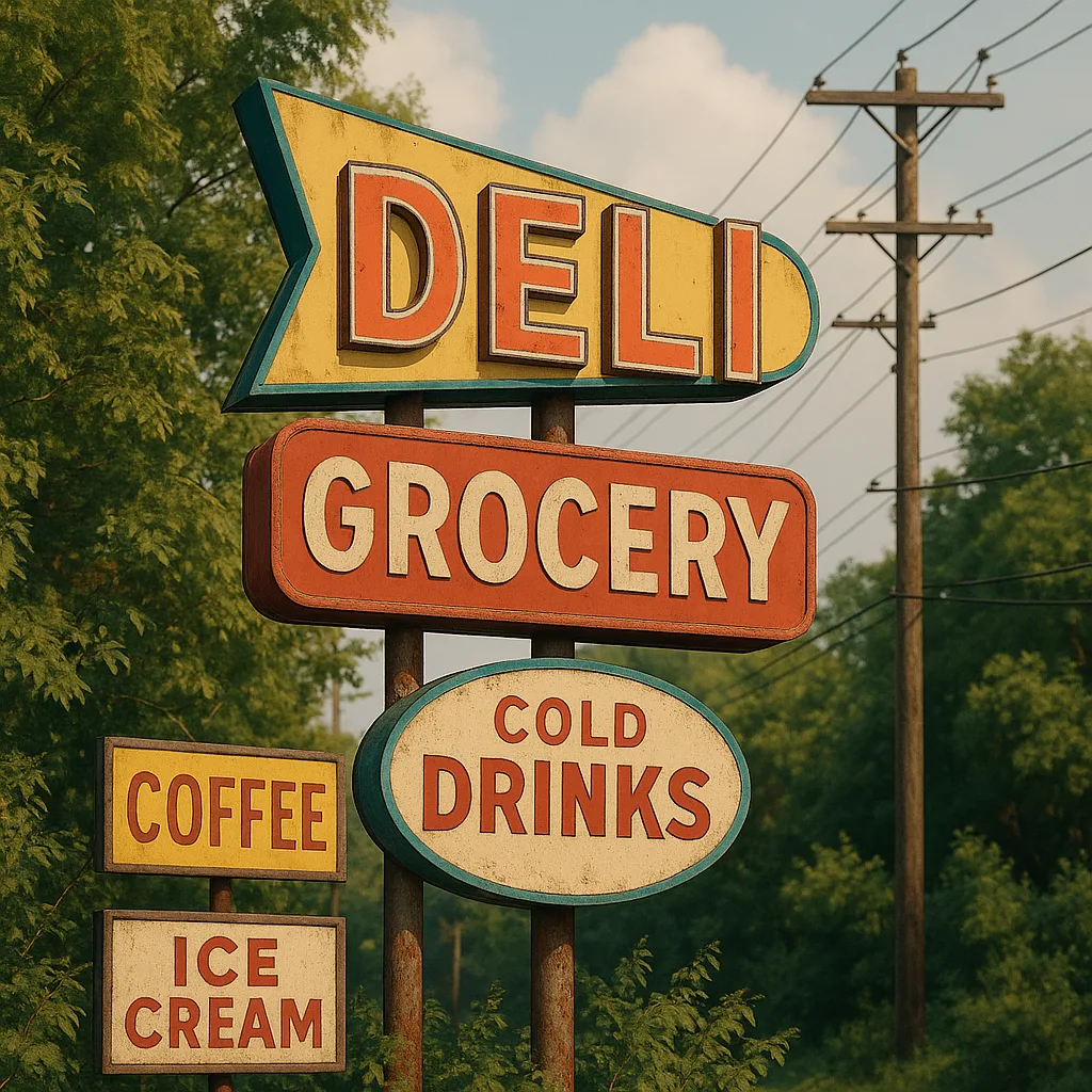 Retro-style Roadside Deli and Grocery Sign Surrounded by Foliage