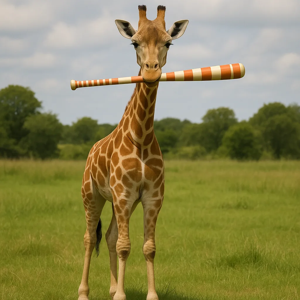 Giraffe in a Grassy Meadow Gripping a Baseball Bat