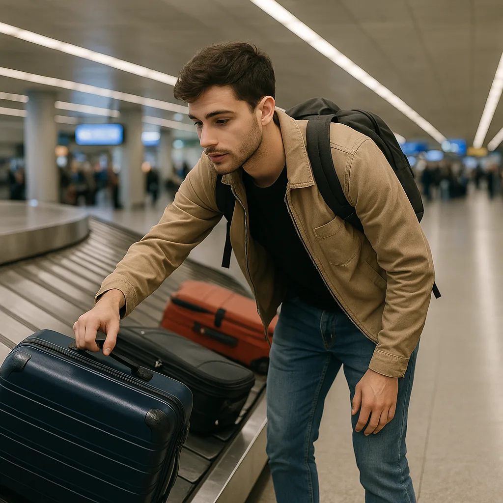 Young Man Stretches Out to Grab Suitcases