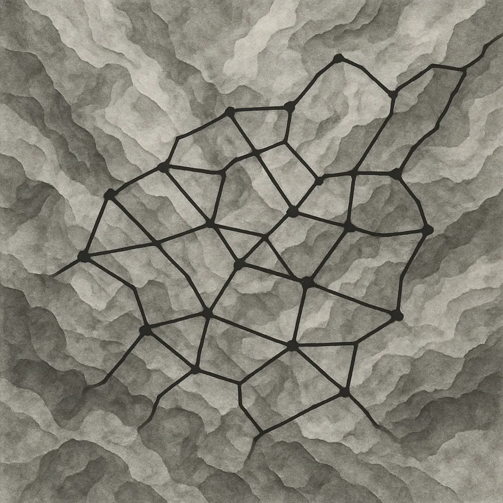 Monochromatic Map-like Artwork with Overlapping Gray-toned Layers Resembling Terrain