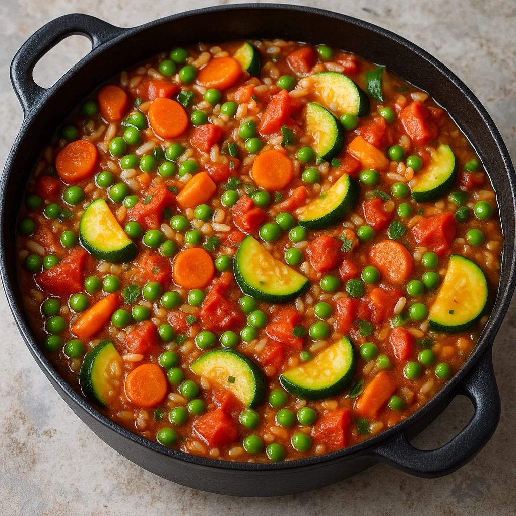 Colorful Pan of Cooked Vegetable Medley with Rice
