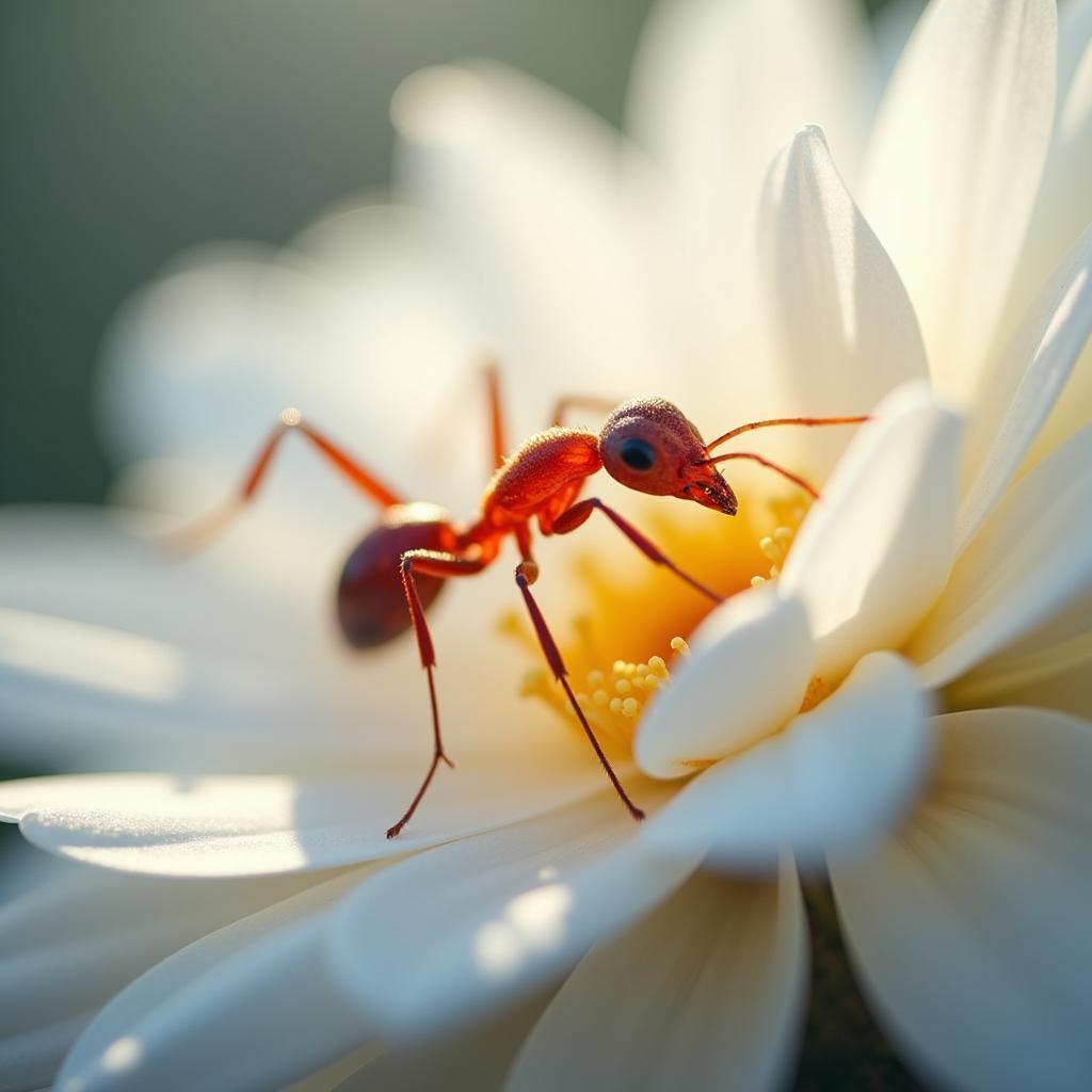 Red Ant Exploring a Pristine White Flower