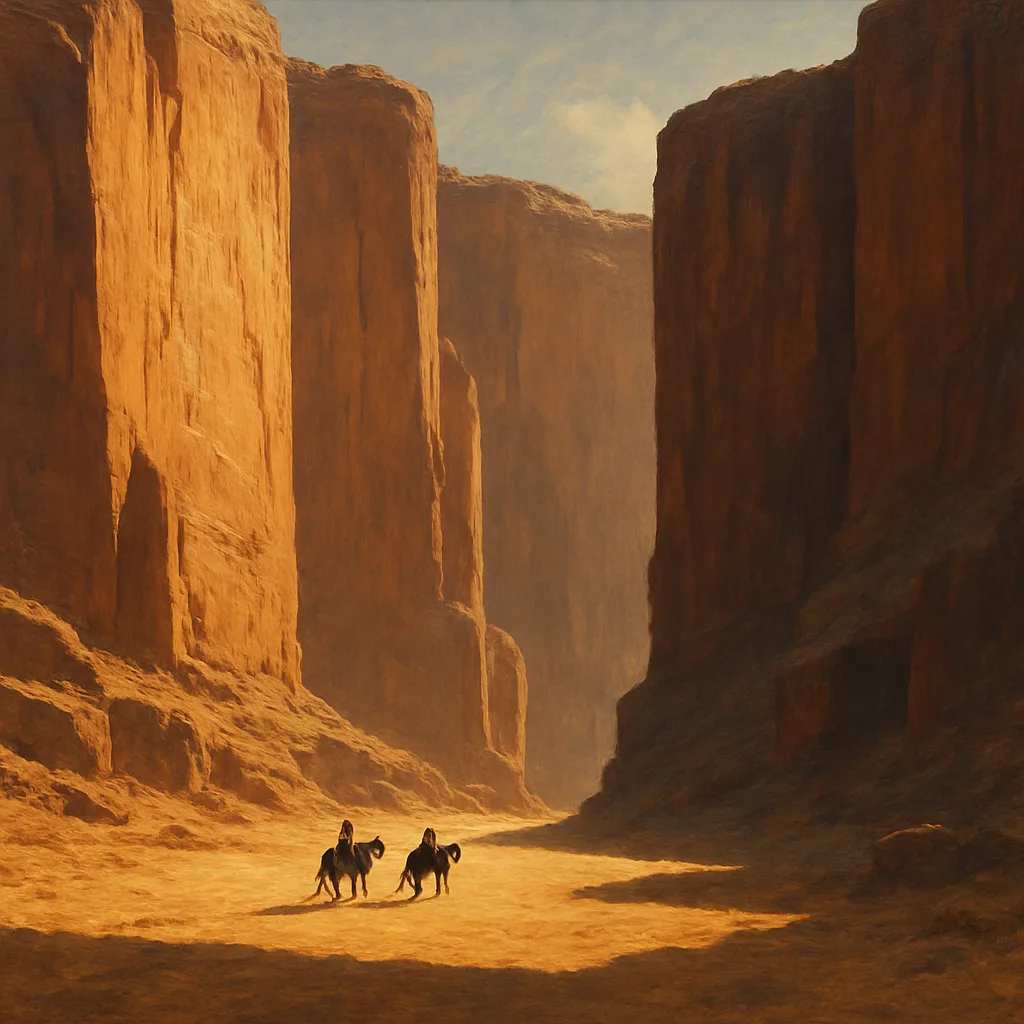 Two Minuscule Figures on Horseback Traverse a Monumental