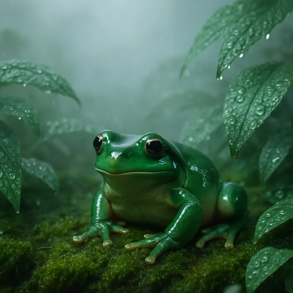 Shiny Frog Perched on Wet Moss