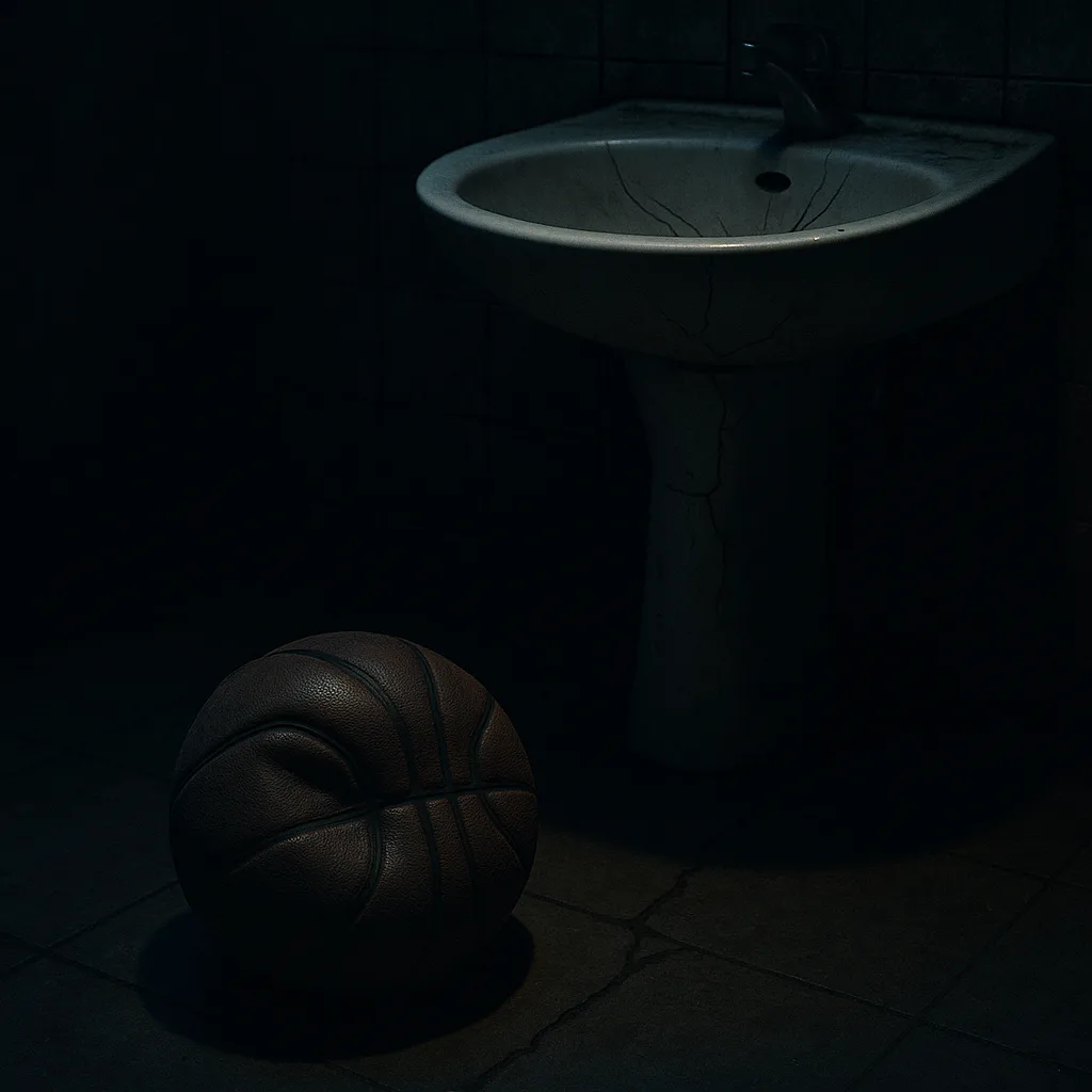 Gloomy Nighttime Setting with a Damaged Basketball