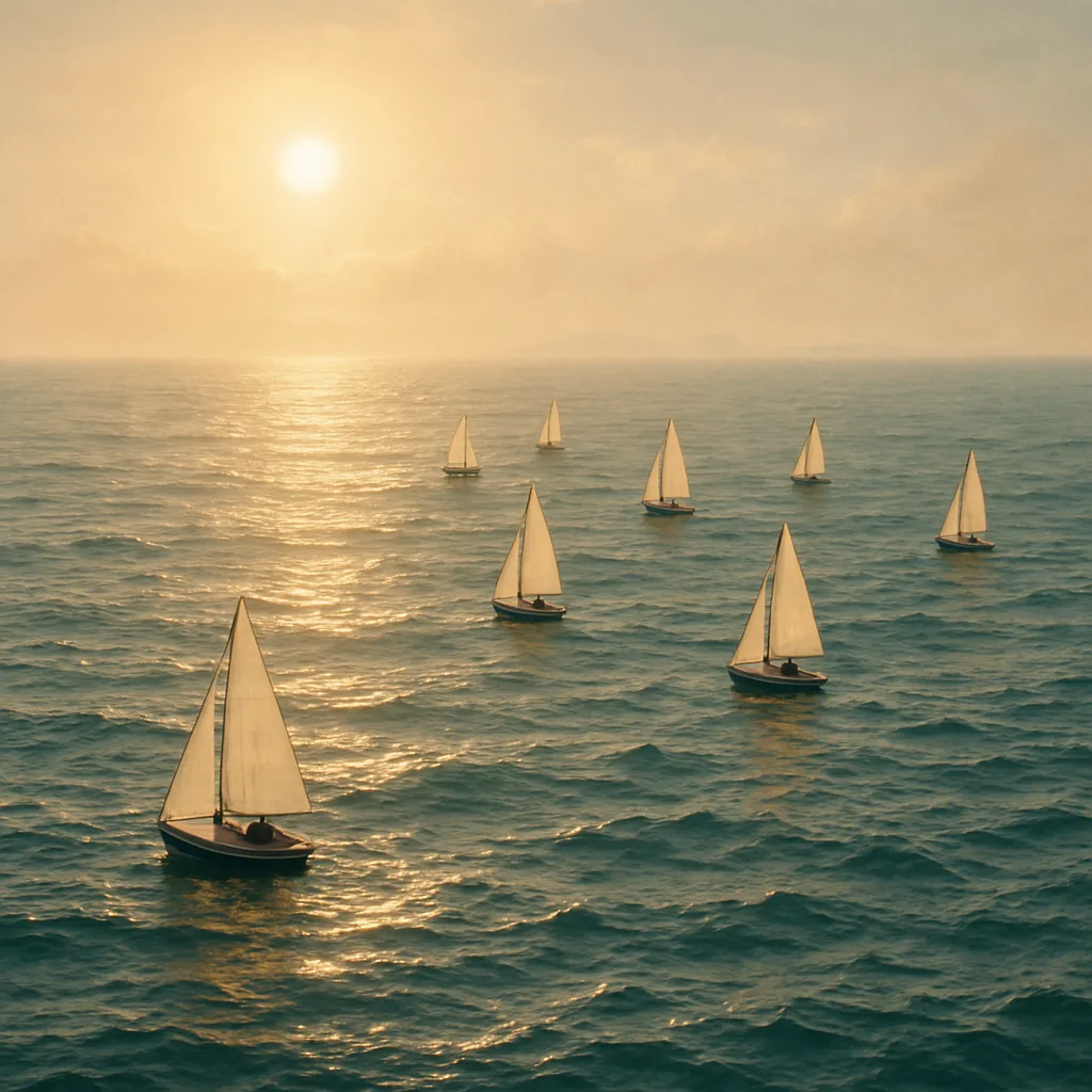 Several Tiny Sailboats Glide Across a Vast