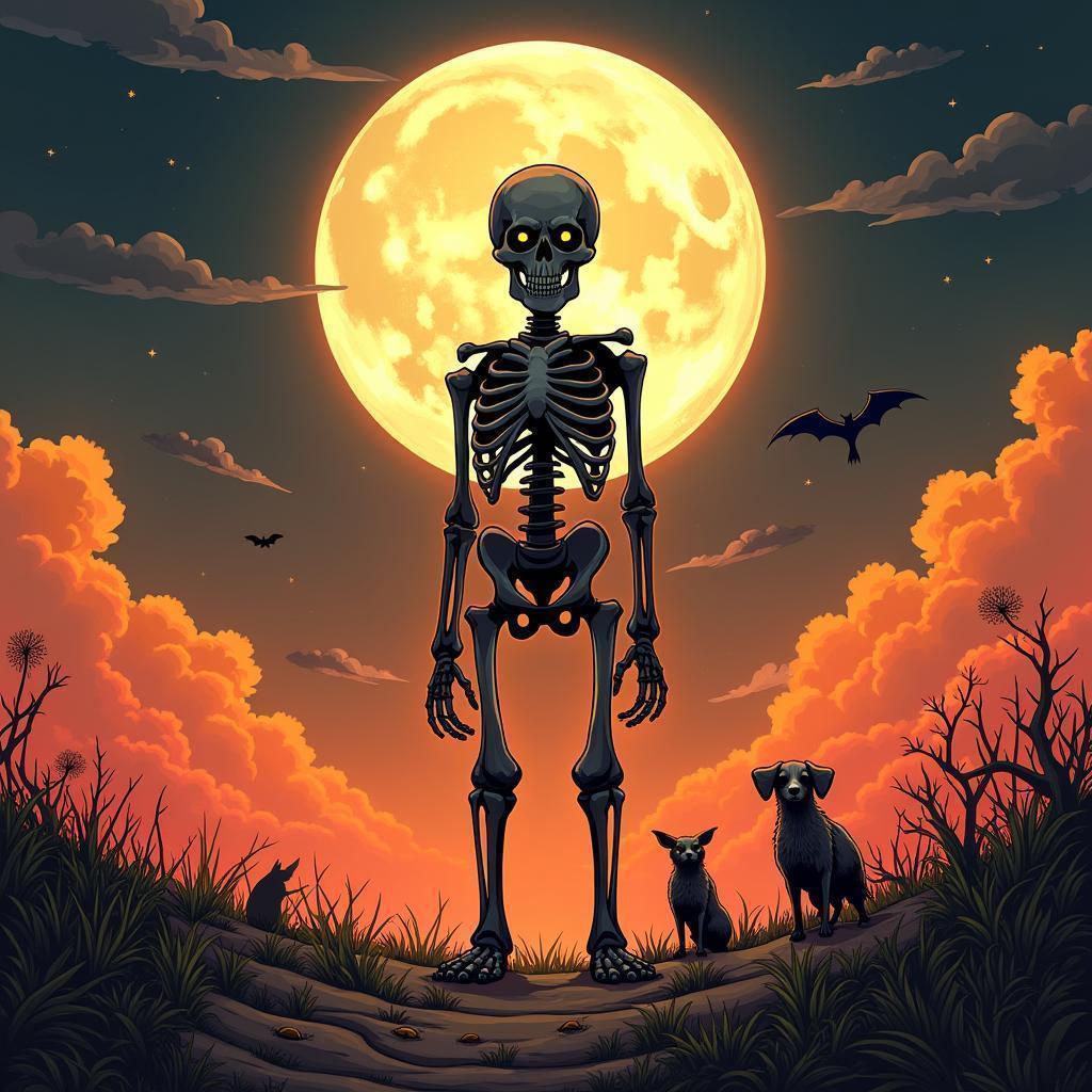 Skeletal Figure Under a Moonlit Manga Sky