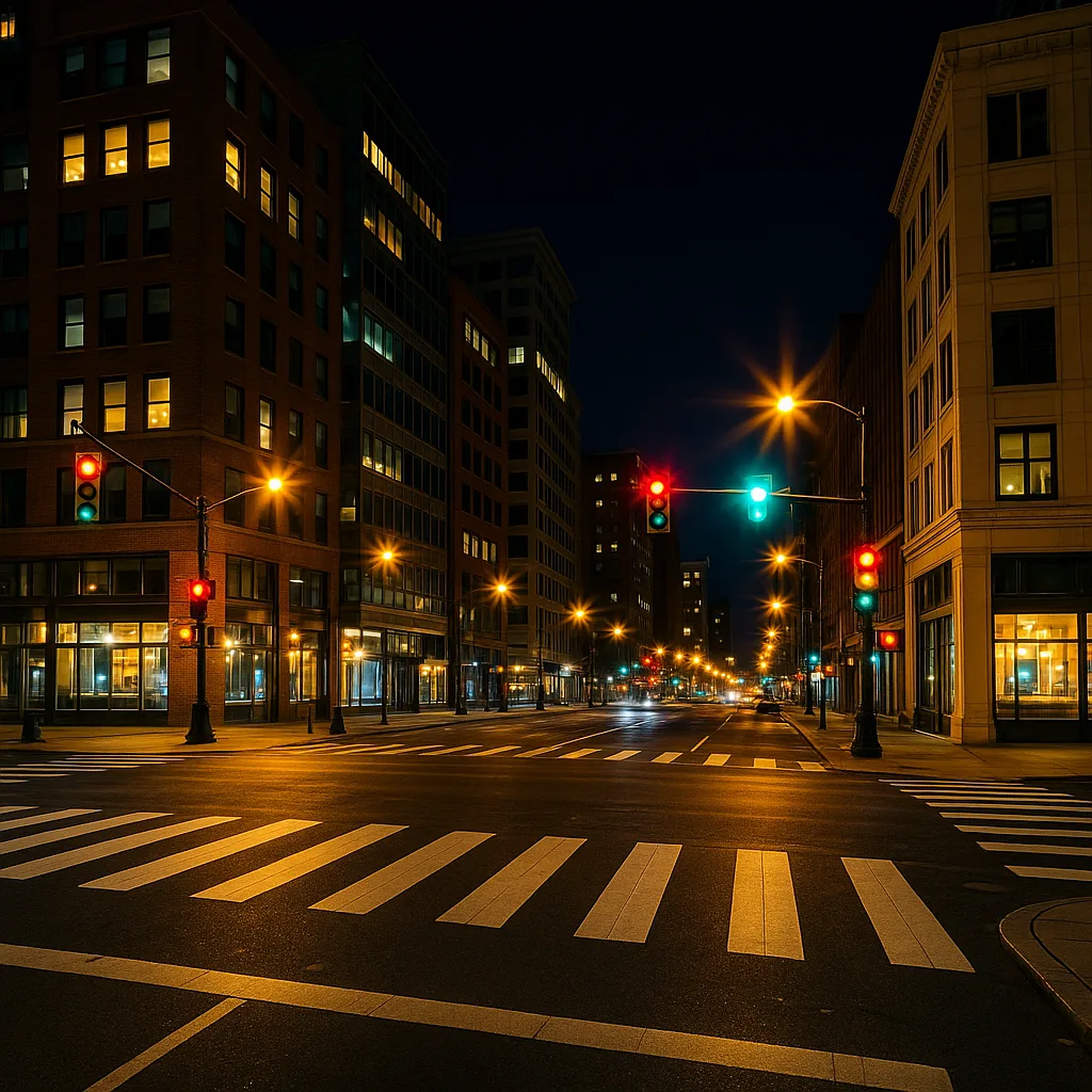 Brightly Lit Urban Street Intersection at Night with Traffic Lights