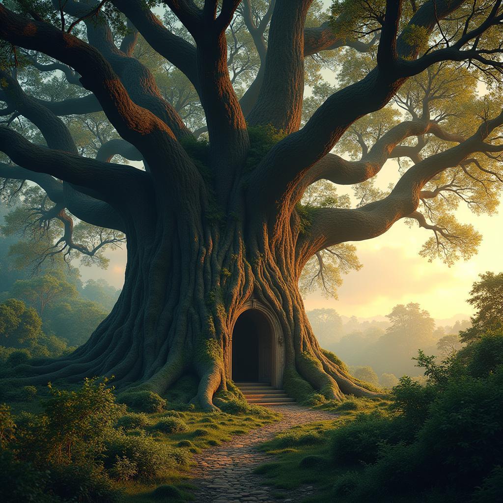 Cinematic Temple Cradled in Ancient Oak Roots