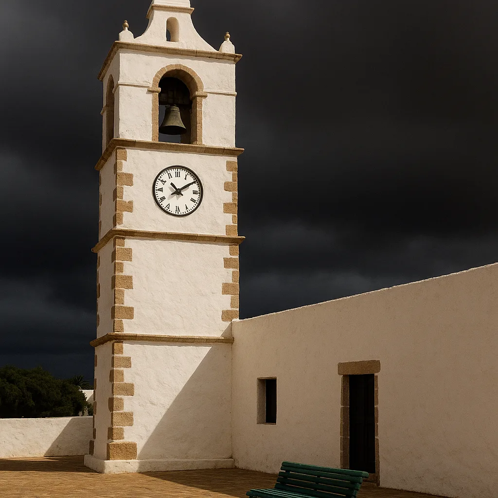 Whitewashed Bell Tower with a Clock and Stone Accents Stands