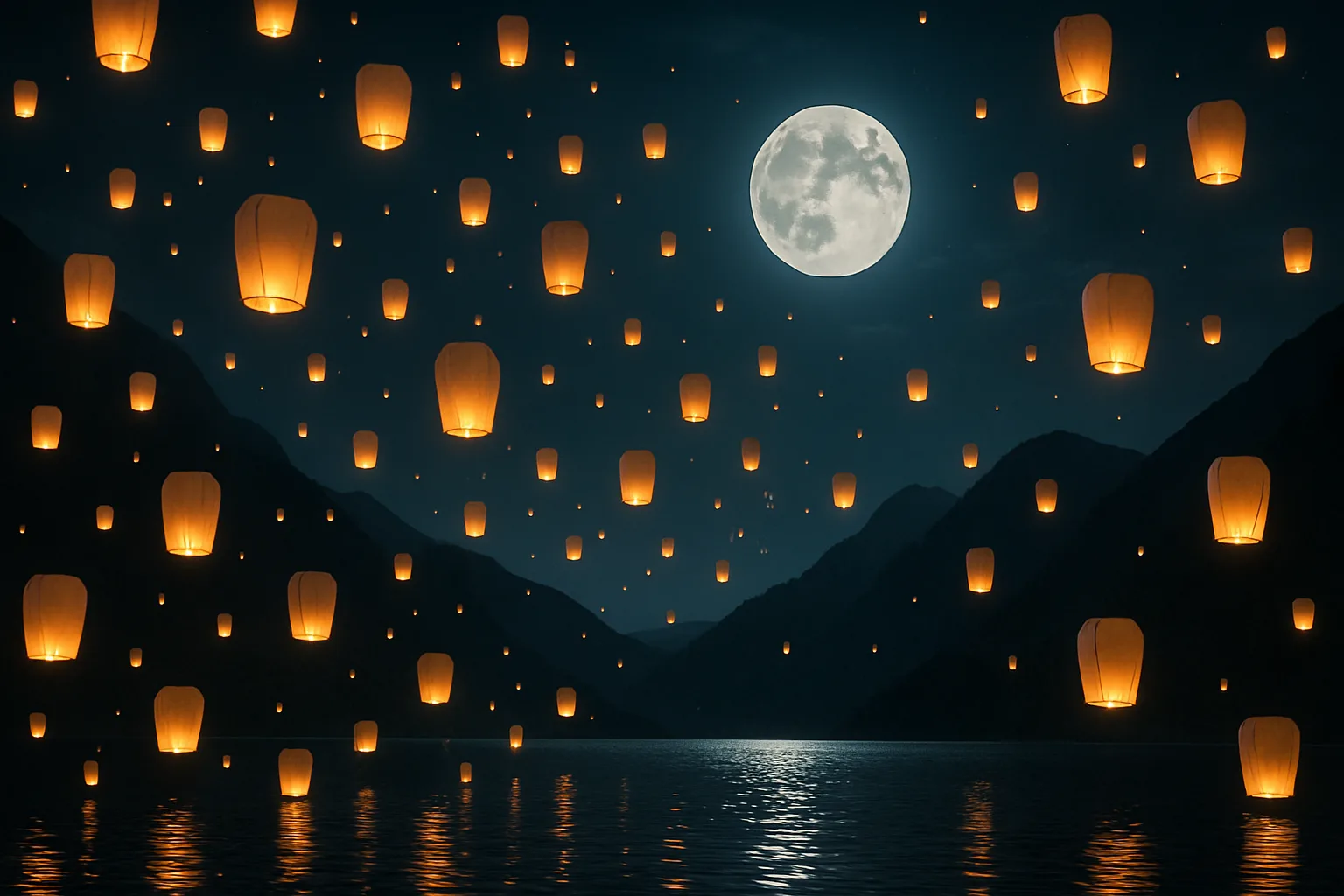 Multitude of Glowing Paper Lanterns Drifts Slowly over a Serene