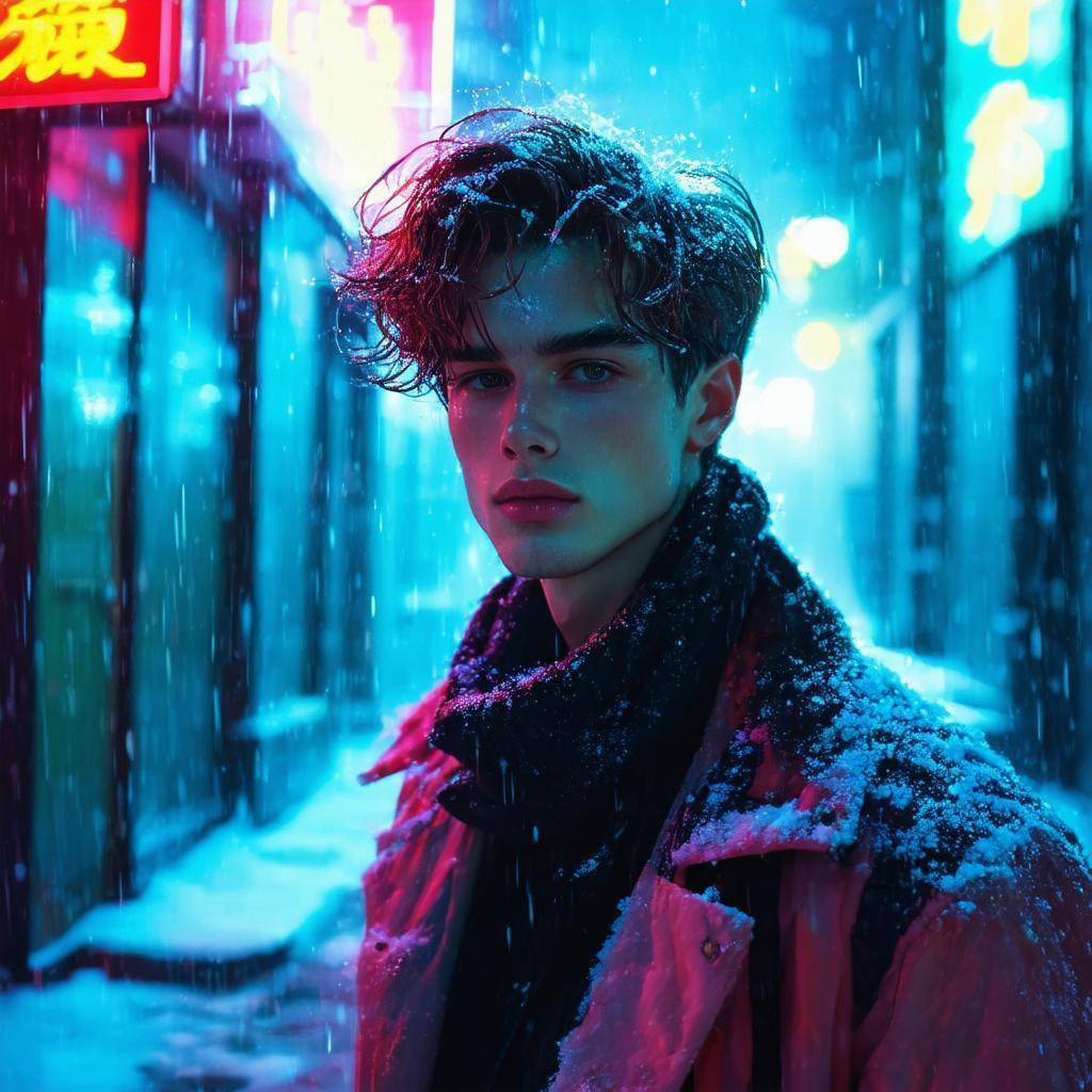 Wavy Haired Youth in a Neon Snowstorm