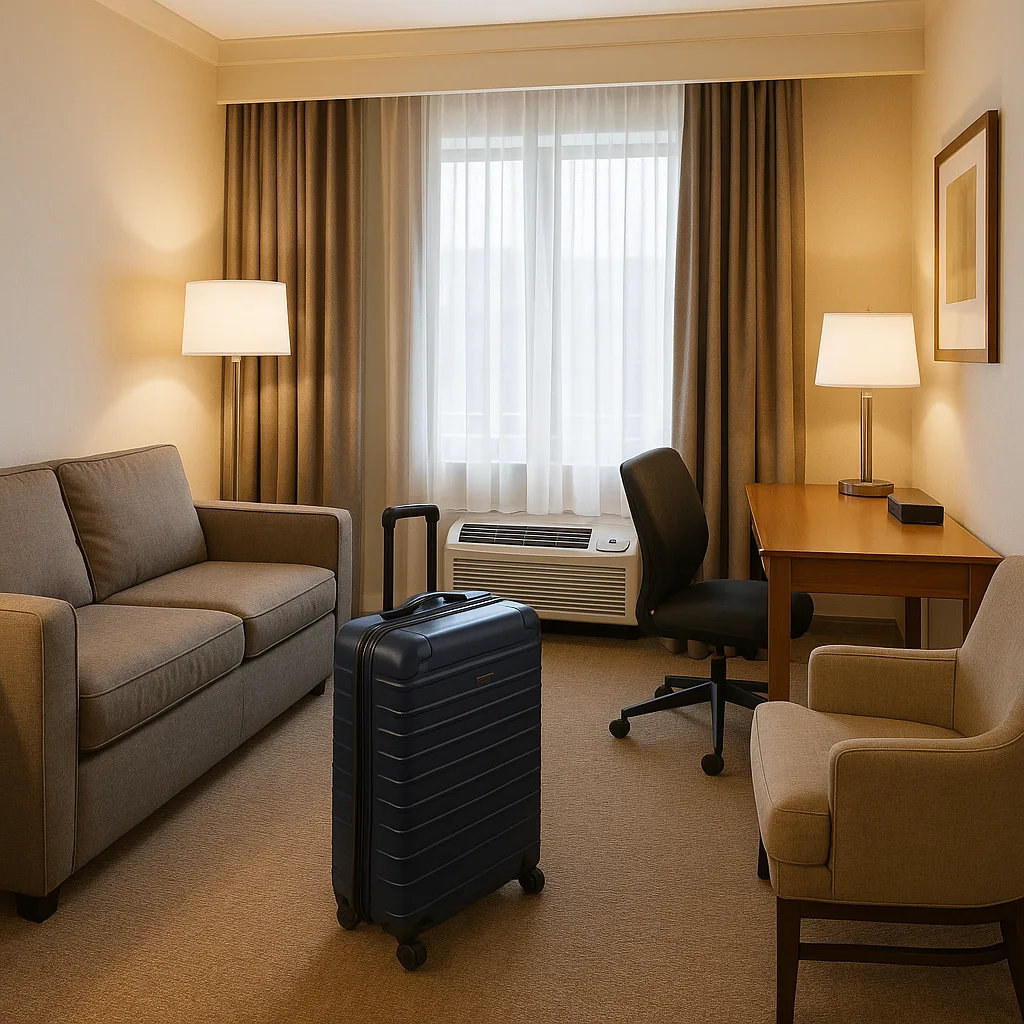 Neatly Furnished Hotel Room with a Sofa