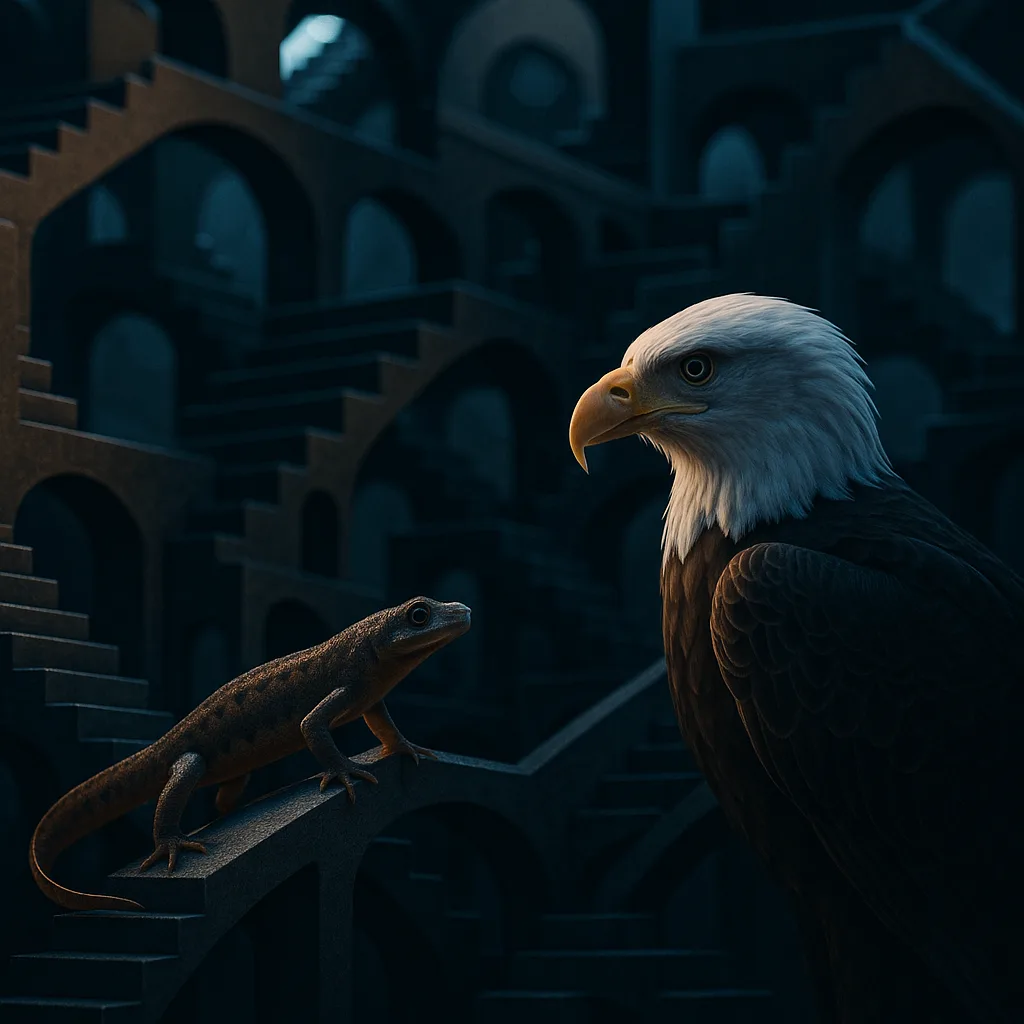 Common Newt and Bald Eagle Navigate Impossible Escher Perspectives