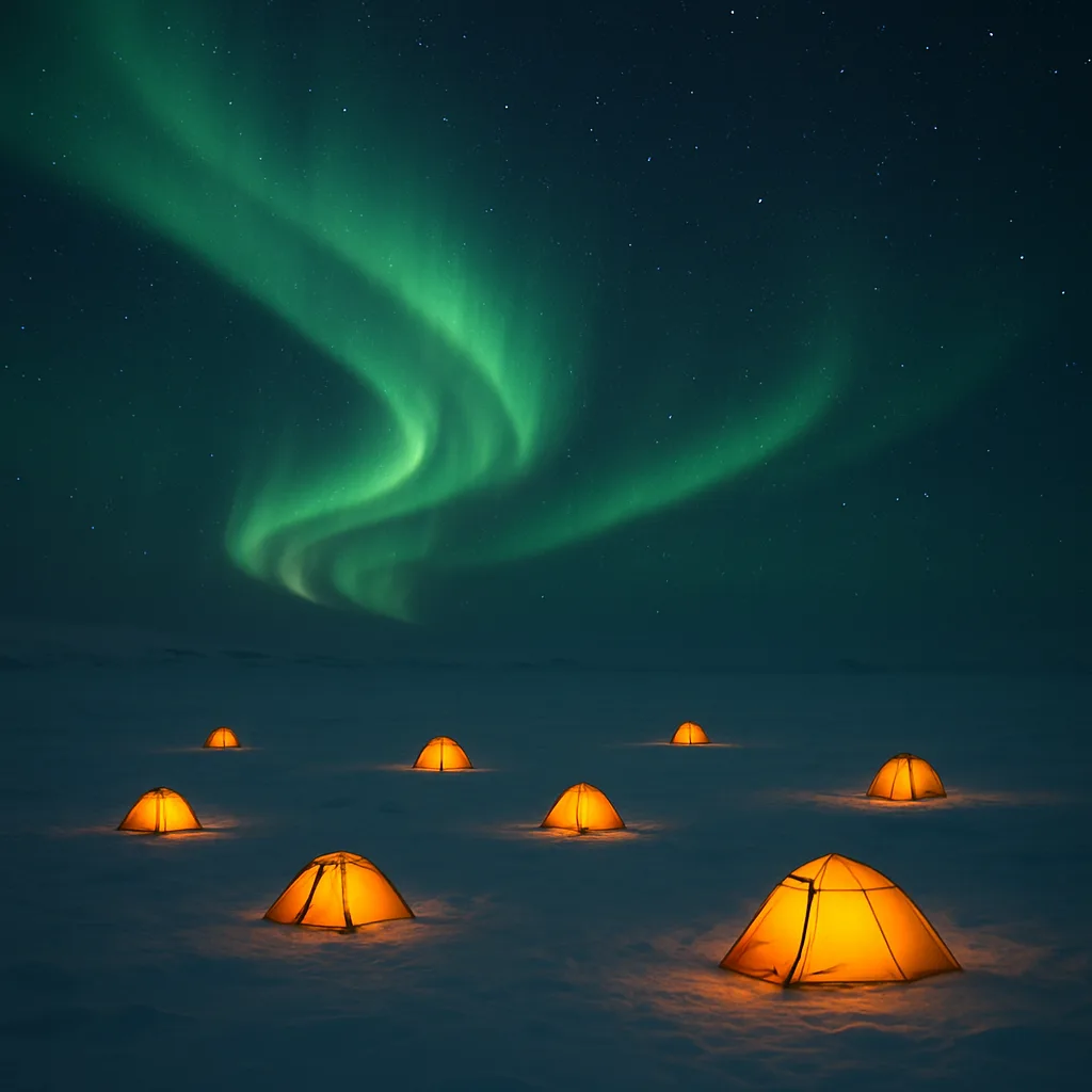 Scattered Handful of Tiny Tents Glows Warmly Amidst the Vast