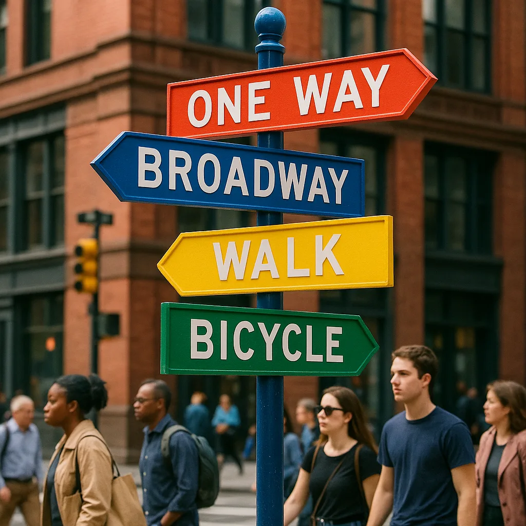 Vibrant Signpost Positioned Close to a City Structure