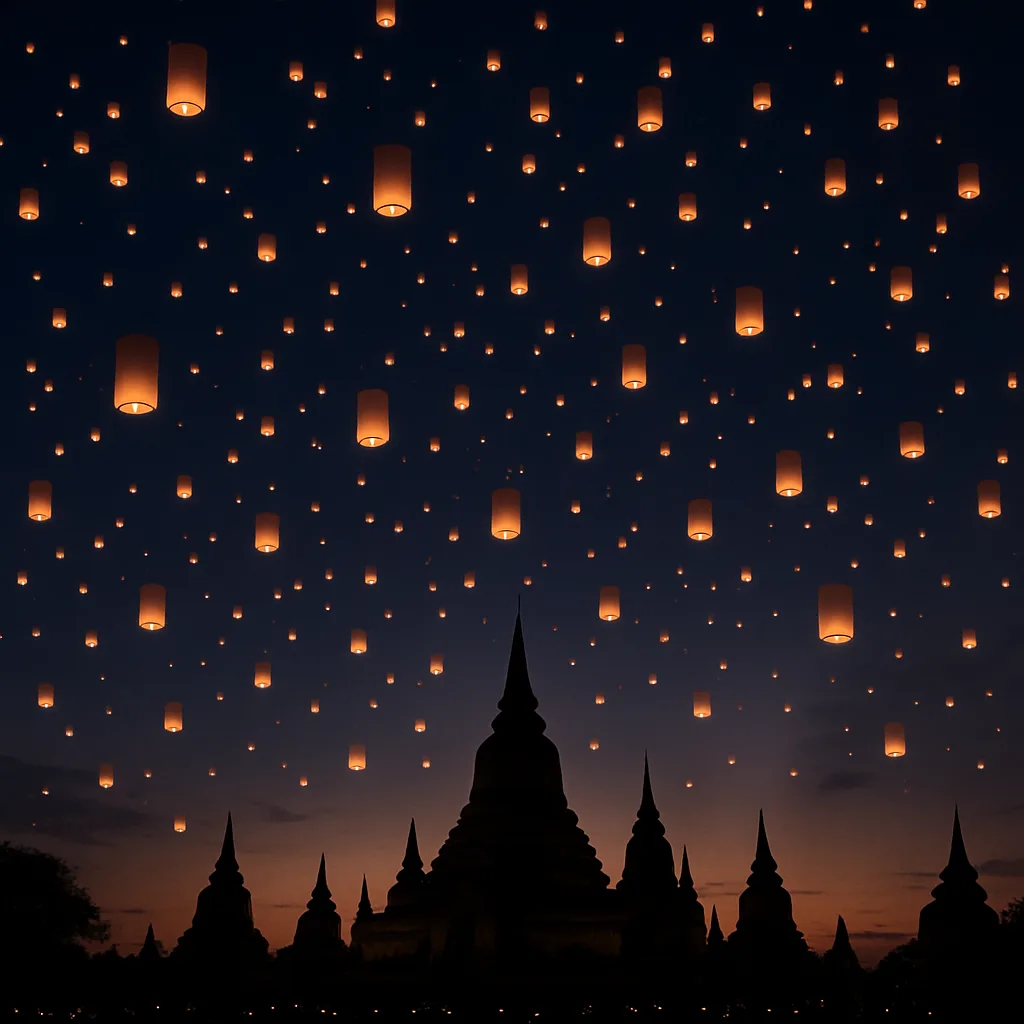 Countless Glowing Lanterns Ascend into the Twilight Sky