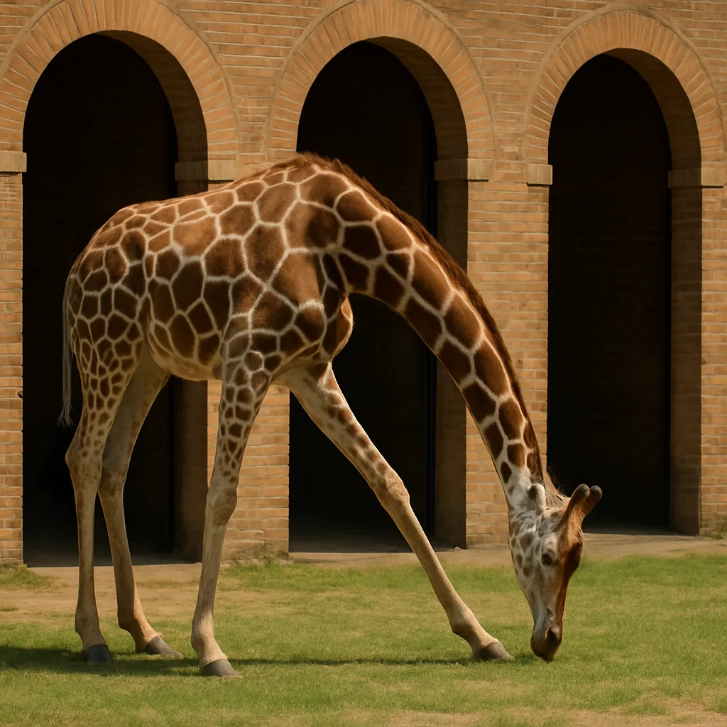 Giraffe Bending Down to Graze in Front of a Brick