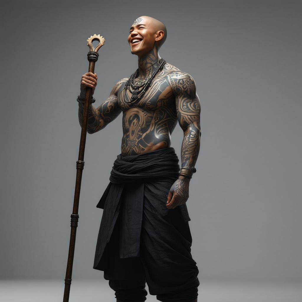 Joyful Tattooed Monk With Staff in 3D