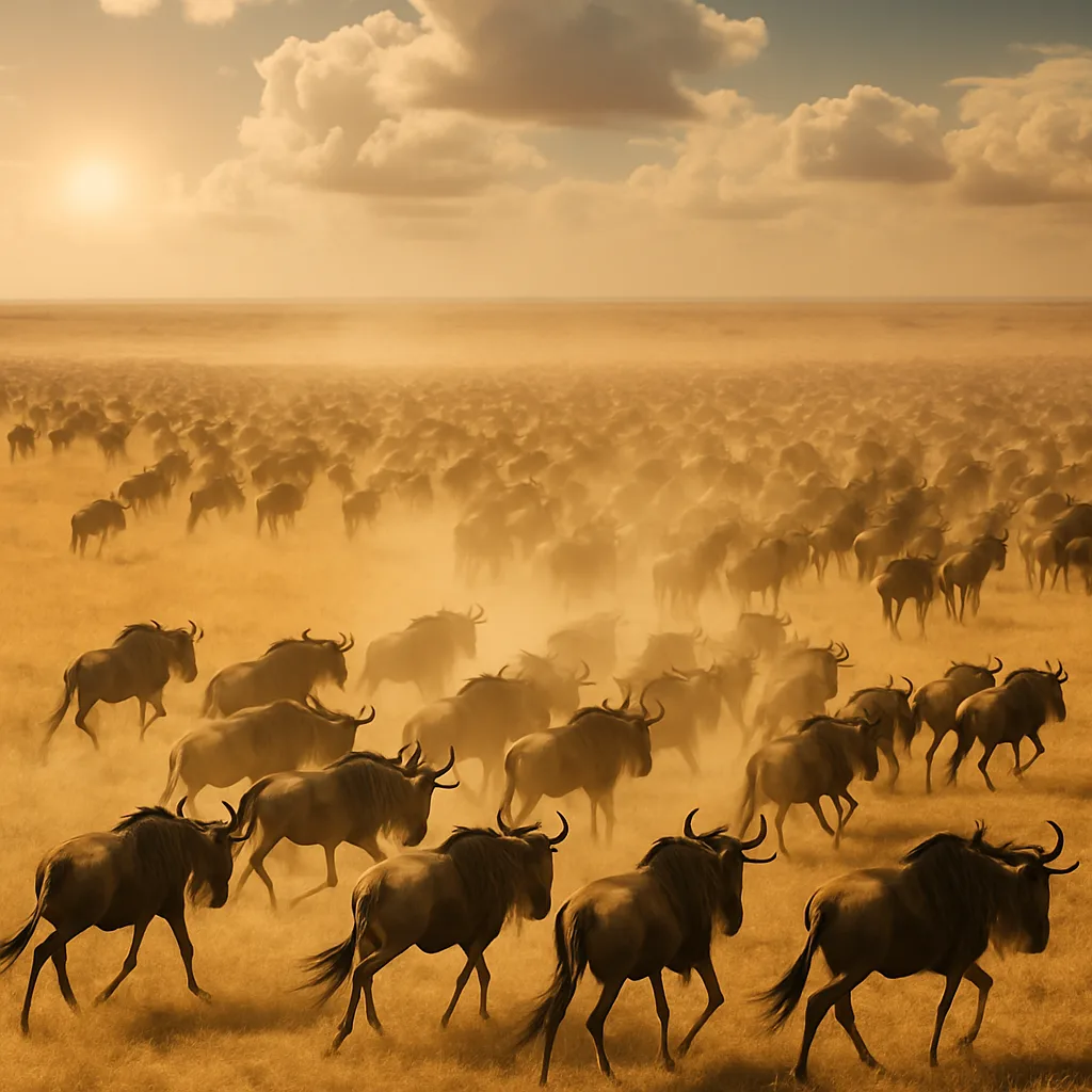 Thousands of Distant Wildebeest Create a Vast Dust Cloud