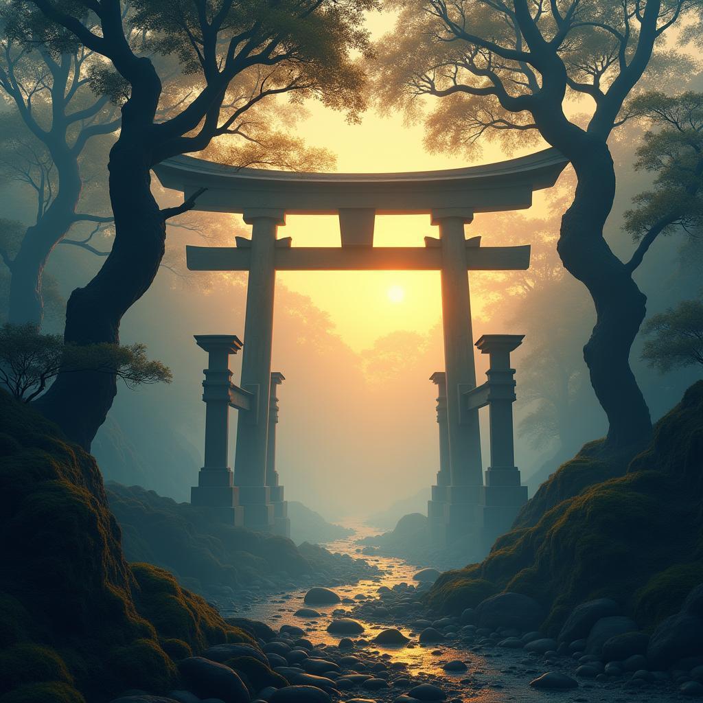 Japanese Torii Gate in Misty Mountain Dawn