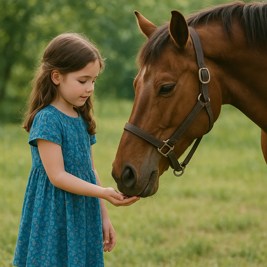 Girl in a Blue Patterned Dress Feeds a Brown Horse